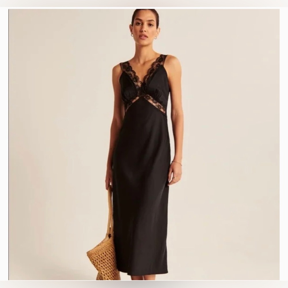 SOLD Abercrombie and Fitch black silk Satin Slip lace trim maxi Dress size large - Picture 3 of 10